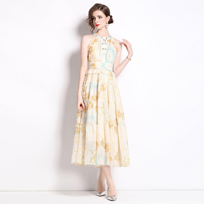 elvira print sleeveless halterneck midi dress in yellow