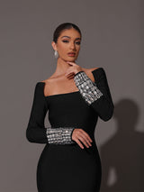 square neck diamond tight bandage maxi dress in black