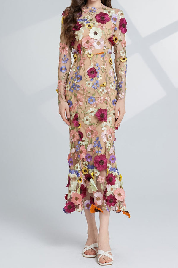 CAROL brown FLORAL EMBROIDERY MESH LONG SLEEVE MIDI DRESS