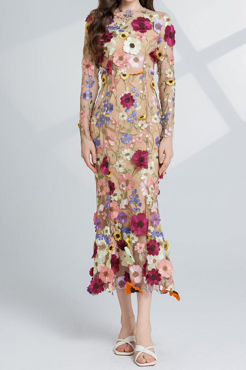 CAROL brown FLORAL EMBROIDERY MESH LONG SLEEVE MIDI DRESS