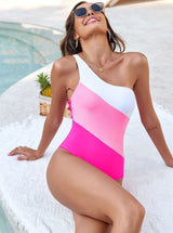 Tri-Color Colorblock One-Shoulder Swimsuit