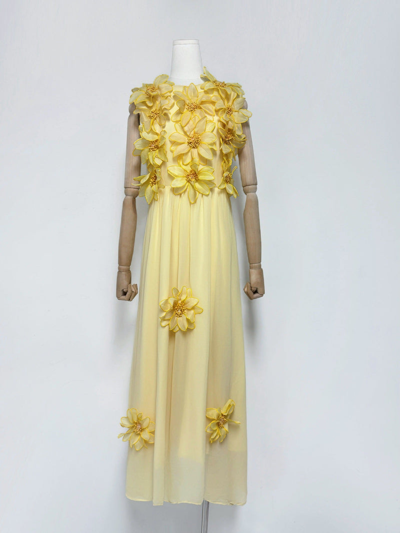 3d flower embellished sleeveless maxi dress in yellow