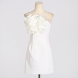 AMITY ONE-SHOULDER FLORAL-APPLIQUÉ MINI DRESS IN WHITE