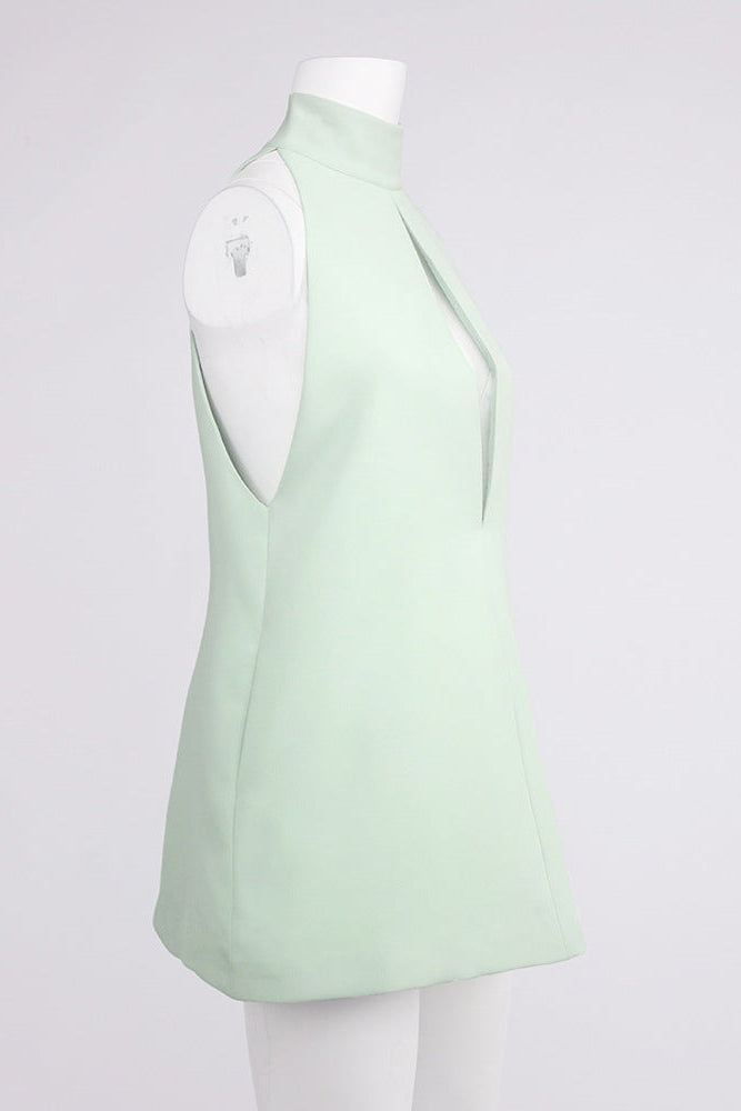 v-neck cutout backless crepe halter dress - celadon