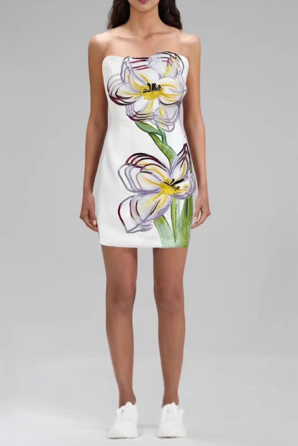 Rosario Appliqué Floral Bustier Mini Dress in white