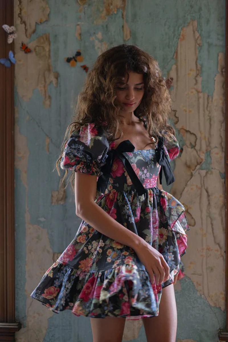 basia floral print ruffle trim hem puff mini dress