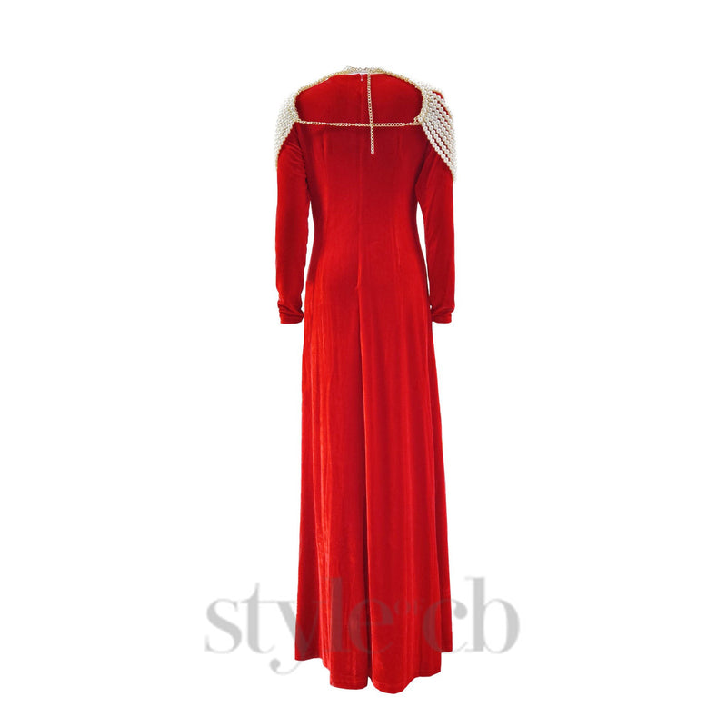 AALIYAH PEARL EMBELLISHED VELVET MAXI DRESS IN RED