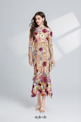 CAROL brown FLORAL EMBROIDERY MESH LONG SLEEVE MIDI DRESS