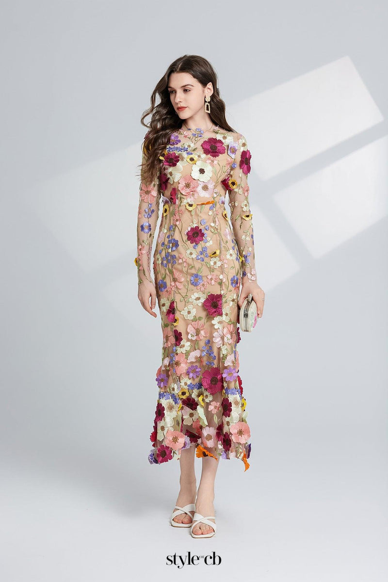 CAROL brown FLORAL EMBROIDERY MESH LONG SLEEVE MIDI DRESS