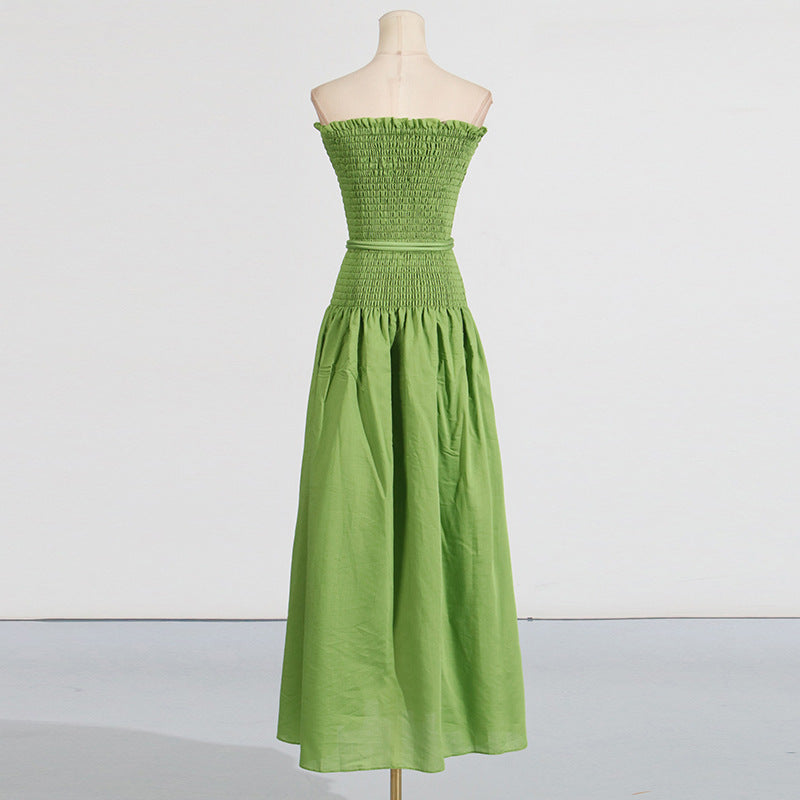 pleated belt chiffon strapless maxi dress in green