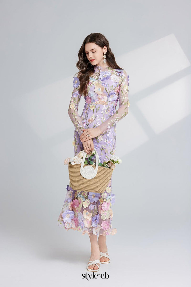 CAROL PURPLE FLORAL EMBROIDERY MESH LONG SLEEVE MIDI DRESS
