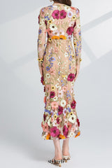 CAROL brown FLORAL EMBROIDERY MESH LONG SLEEVE MIDI DRESS