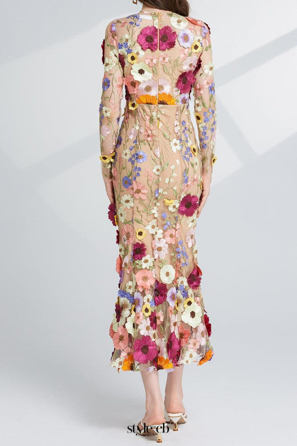 CAROL brown FLORAL EMBROIDERY MESH LONG SLEEVE MIDI DRESS
