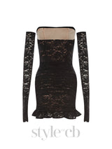 fishbone embellished lace ruffle mini dress in black