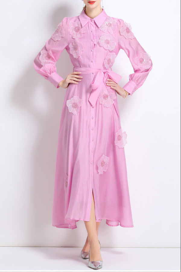 sally Lapel embroidered appliqué midi dress in pink