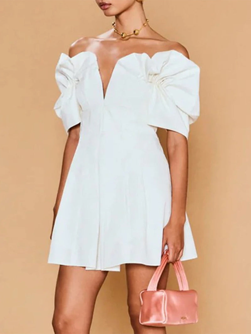 RUFFLED OFF-SHOULDER MINI SILK DRESS IN WHITE