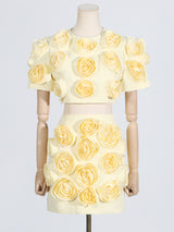 3D FLOWER BUBBLE SLEEVE TOP SKIRT SUIT IN YELLOW