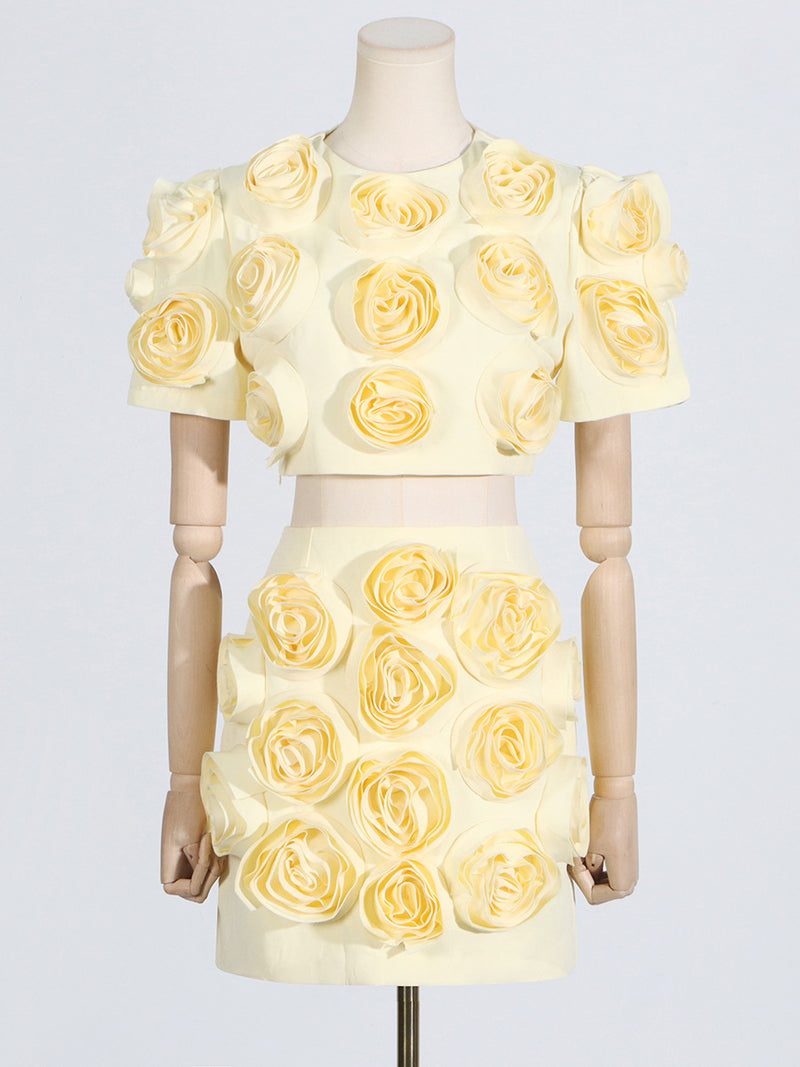 3D FLOWER BUBBLE SLEEVE TOP SKIRT SUIT IN YELLOW