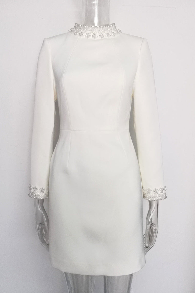 Beaded cuffs long sleeve mini dress in white