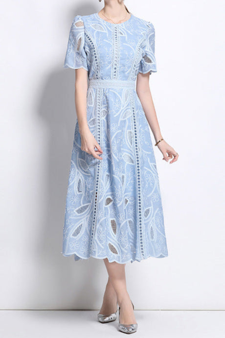 dana hollow embroidery lace midi dress in blue