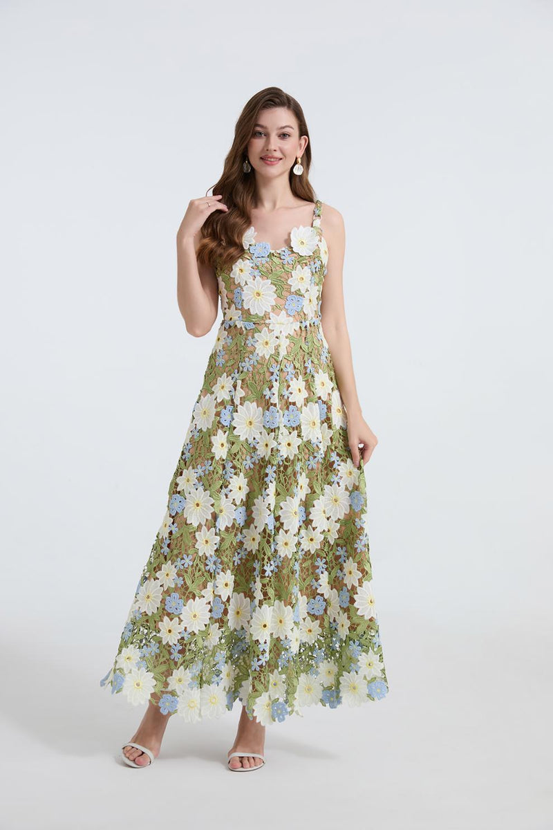 celeste floral hollow stitching maxi dress in green