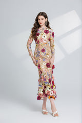 CAROL brown FLORAL EMBROIDERY MESH LONG SLEEVE MIDI DRESS