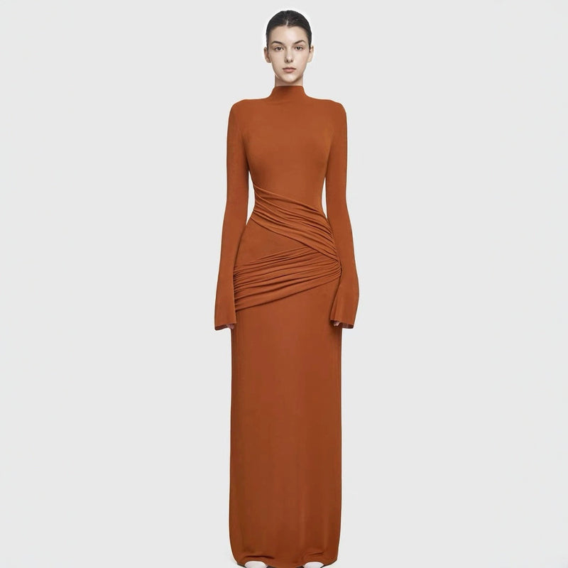 Half turtleneck pleated bodycon maxi dress