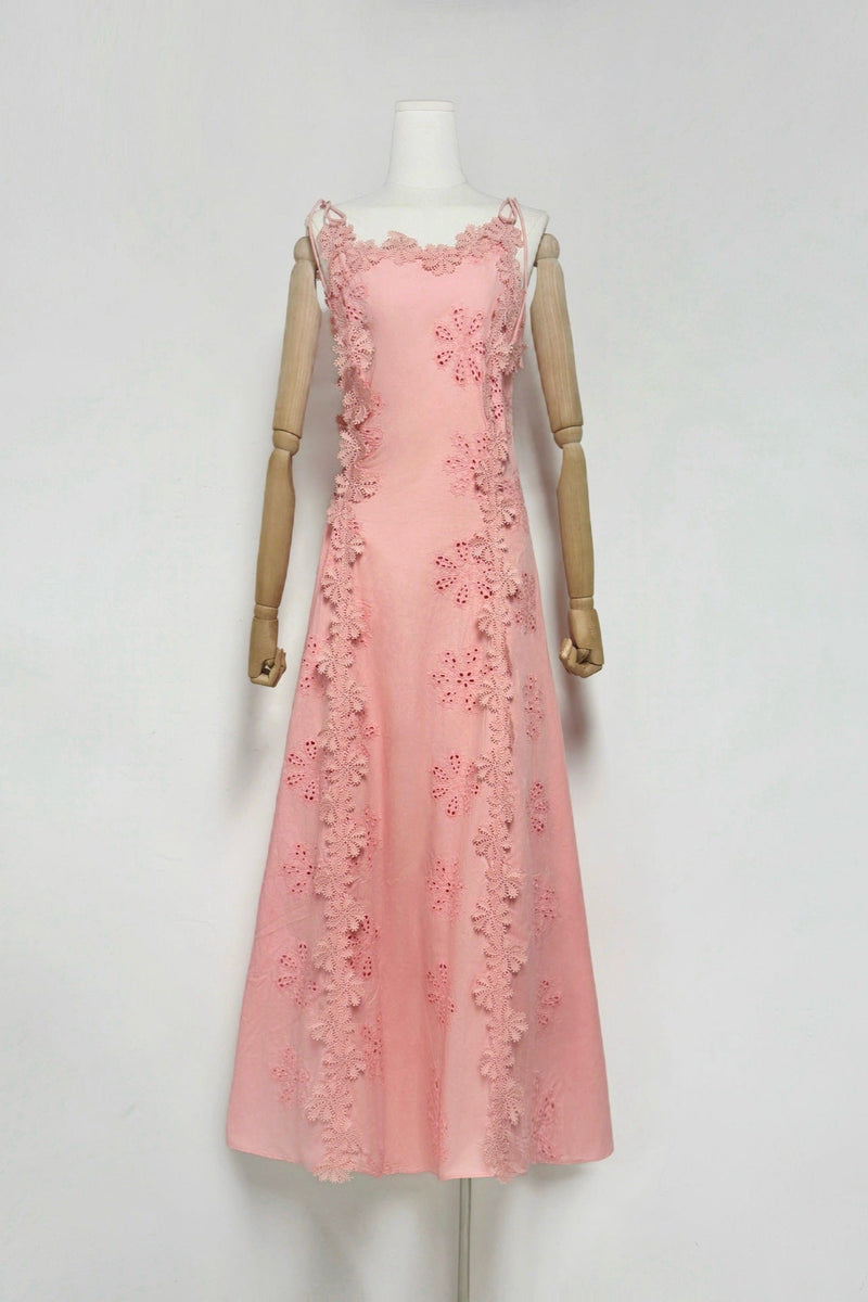 lace trim embroidery hollow midi dress in white