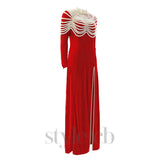 AALIYAH PEARL EMBELLISHED VELVET MAXI DRESS IN RED