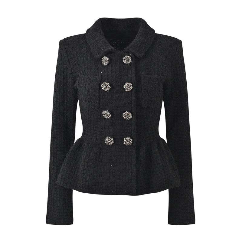 Textured knit jacket skirt suit in black