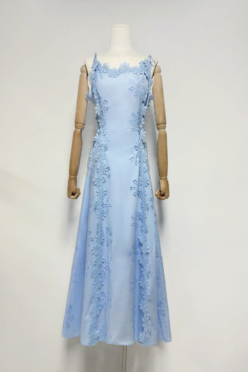 lace trim embroidery hollow midi dress in white