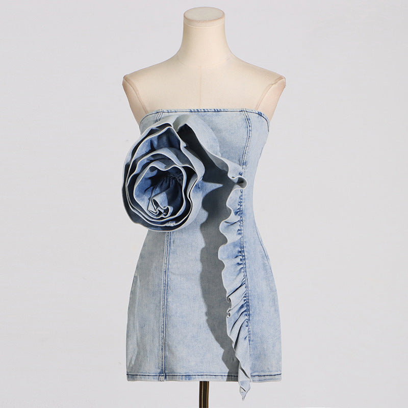 ALISON BLUE RUFFLED TRIM STRAPLESS DENIM MINI DRESS