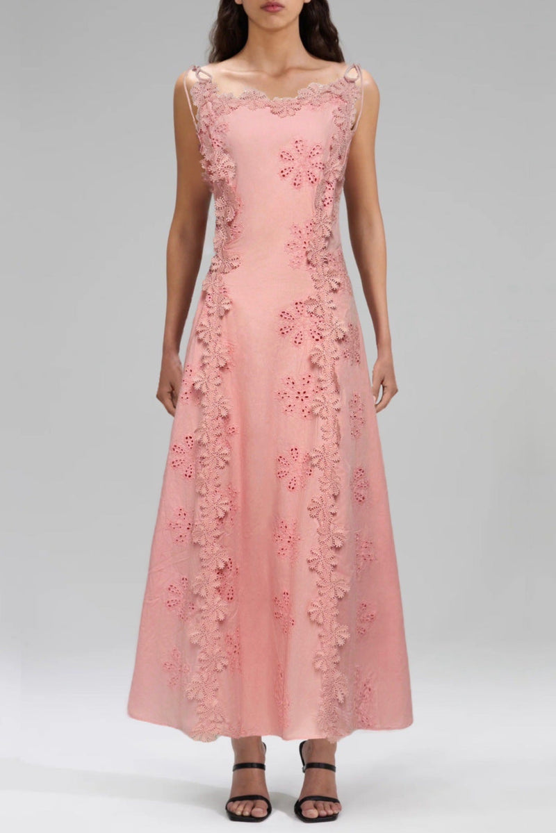 lace trim embroidery hollow midi dress in white