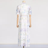 LACE PUFF SLEEVE STAND COLLAR MIDI DRESS IN WHITE