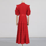 Lace ruffle trim layer midi dress in red