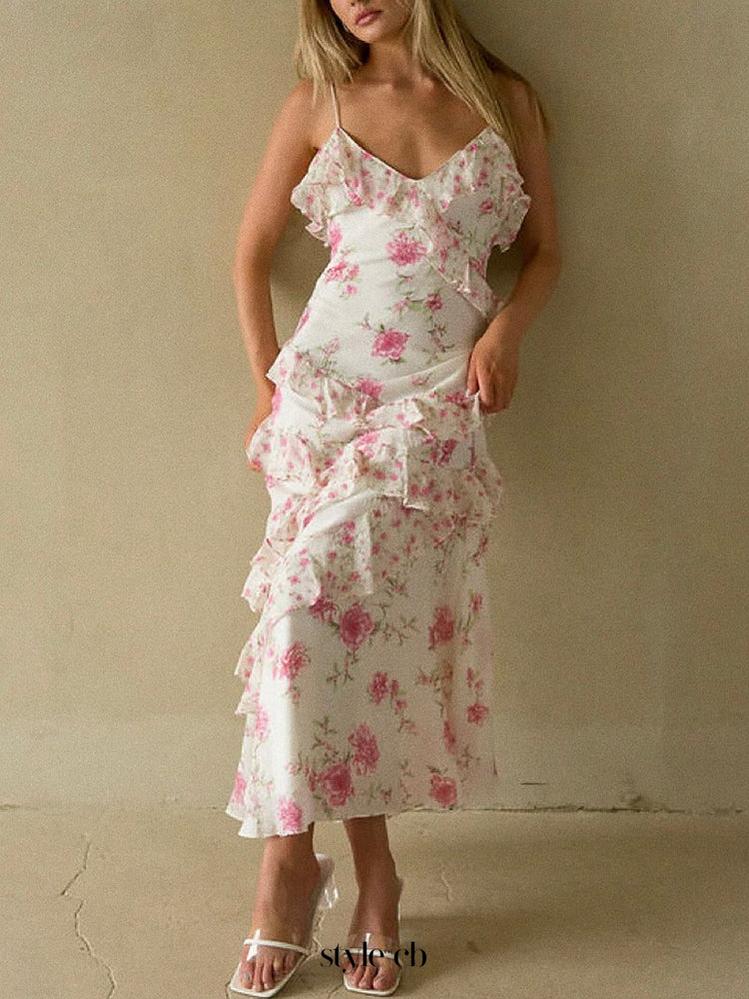 Floral Ruffle Tiered Maxi Dress - Pink & Ivory