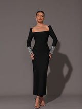 square neck diamond tight bandage maxi dress in black