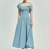 NAOMI ONE-SHOULDER STRAP MIDI DRESS IN BLUE