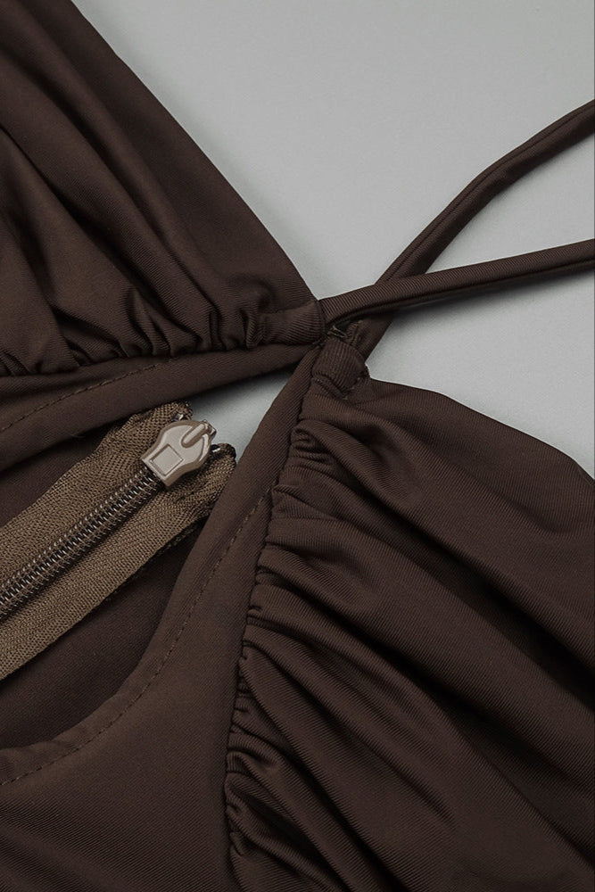 pleated Strappy Draped slit Maxi Dress in brown