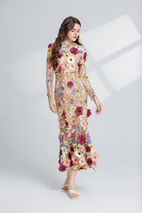 CAROL brown FLORAL EMBROIDERY MESH LONG SLEEVE MIDI DRESS