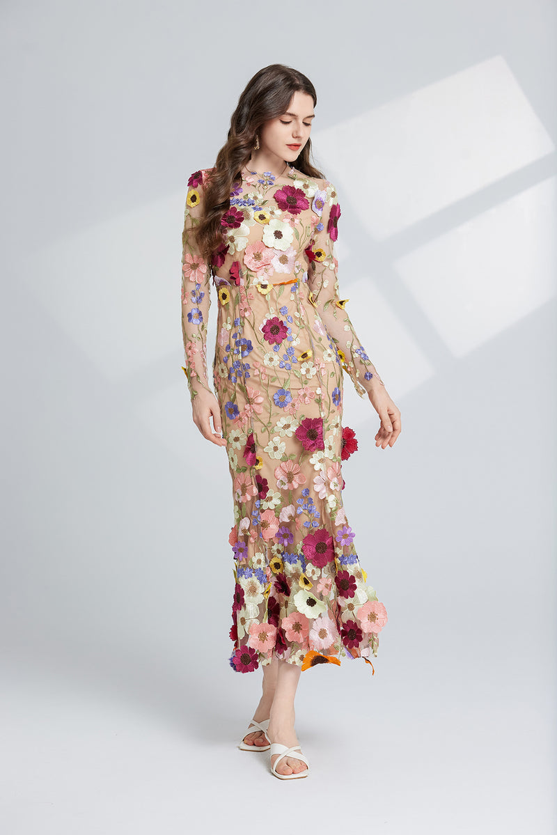 CAROL brown FLORAL EMBROIDERY MESH LONG SLEEVE MIDI DRESS