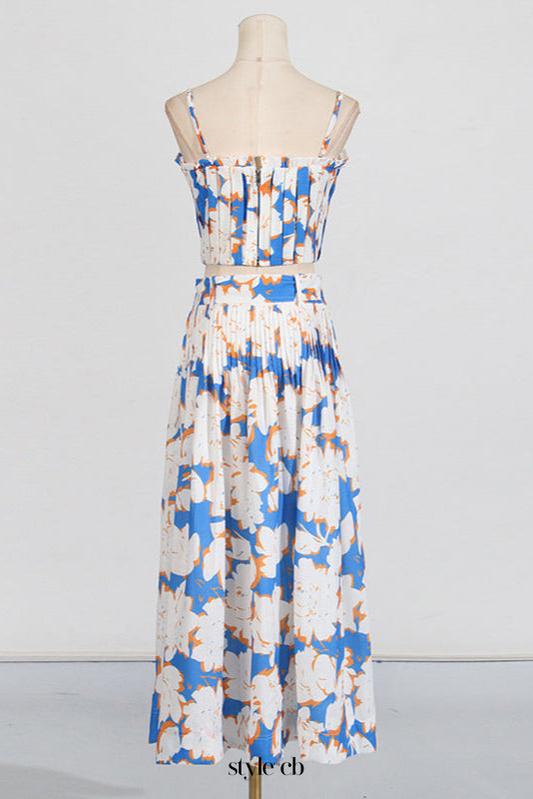 Pleated floral-print linen bustier top skirt set in blue