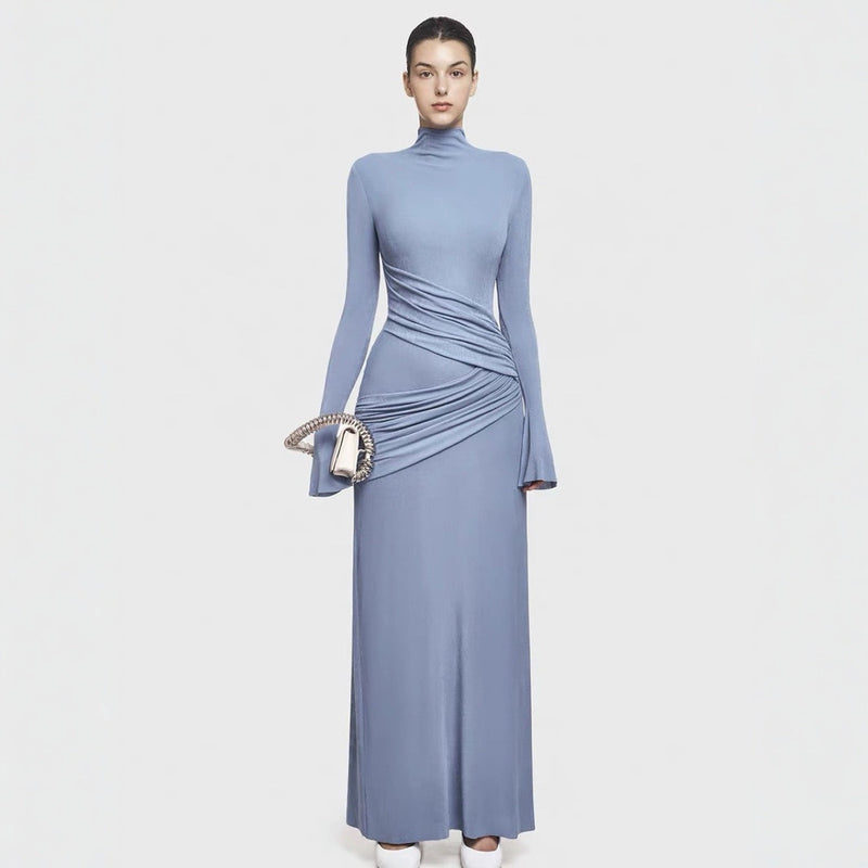 Half turtleneck pleated bodycon maxi dress