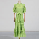 Lace ruffle trim layer midi dress in green