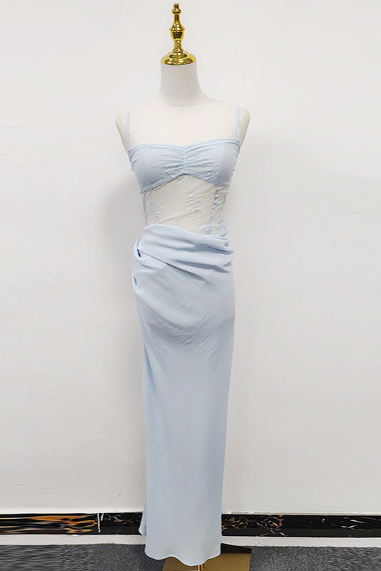 Hollow pleated suspenders with ruffles maxi dress in blue