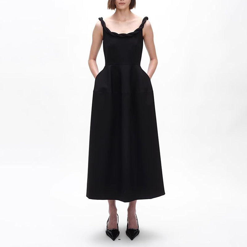 monica Braided shoulder straps midi dress in black