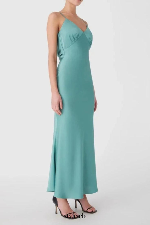 Vida Satin Midi Dress in Juniper Green