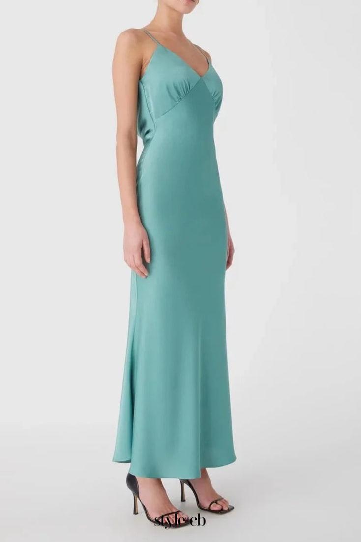 Vida Satin Midi Dress in Juniper Green