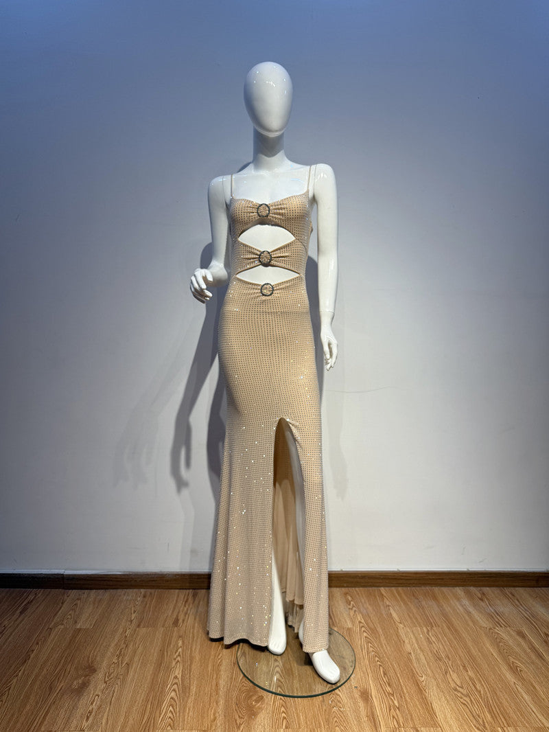 Rhinestones high slit cutout bodycon maxi dress in apricot