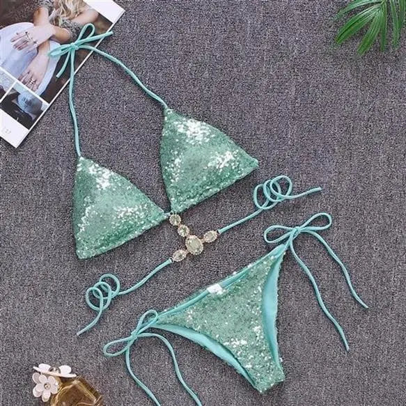 SEQUIN DIAMONATE BIKINI IN GREEN